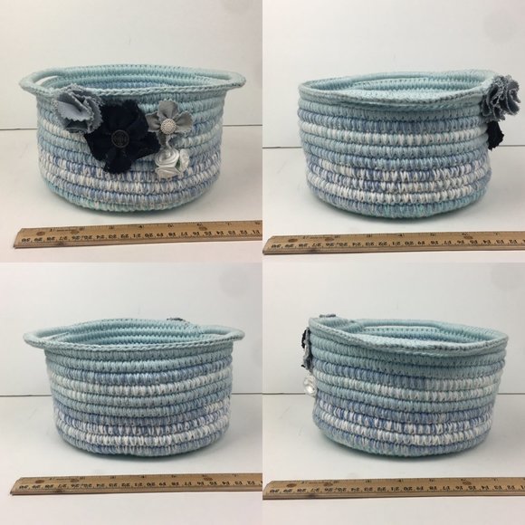 Blue Yarn Rope Bowl‎ Handle Flowers Button Handmade - Picture 3 of 9